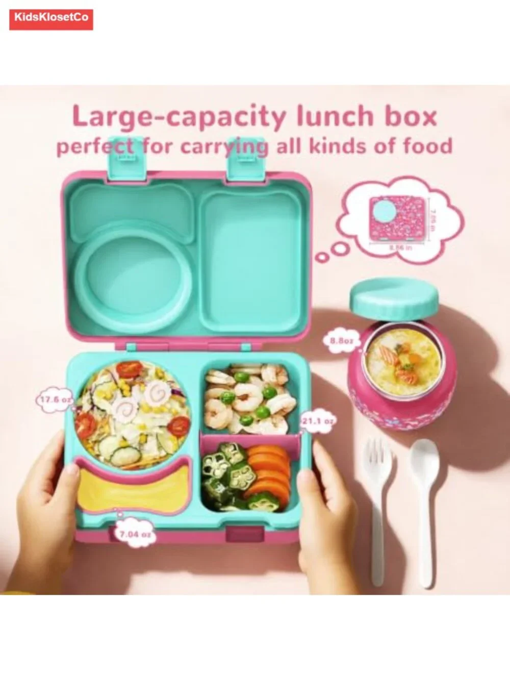 Kids Insulated Lunch Box with 8oz Thermo Food Jar, Leakproof Bento with Ice